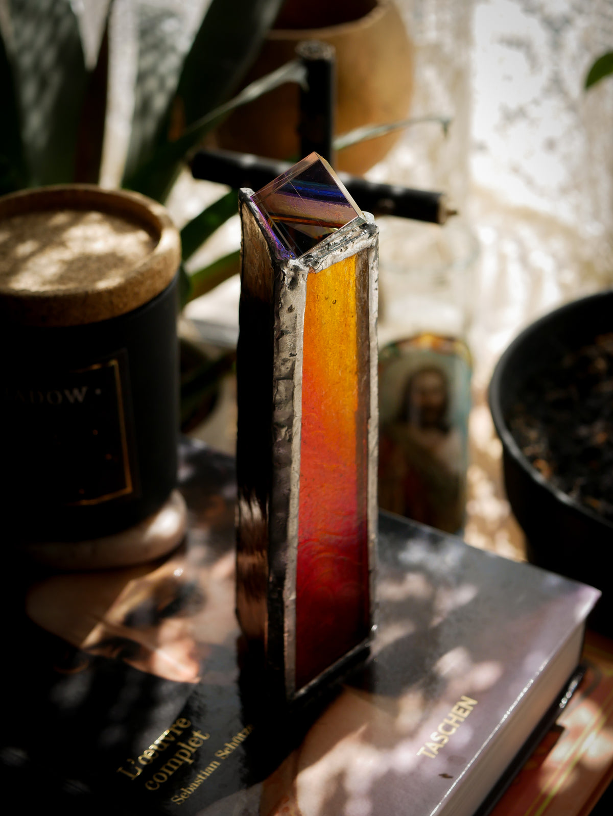 Soleil - Kaléidoscope prisme de verre XL, vitrail jaune orangé